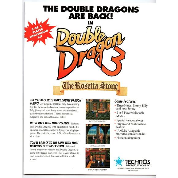 Double Dragon 3 Arcade Flyer 1990 Technos Rosetta Stone Game Promo Retro - Picture 2 of 2
